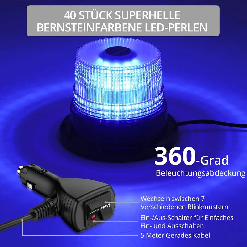 Warnleuchte Rundumleuchte 360° Gelb Blitzleuchte 7 modus mit 5m Netzkabel Doppelter Schraube 12V / 24V Warnlicht mit Magnetfuß Notfallblinklampe Magnet Transparent für Auto LKW usw