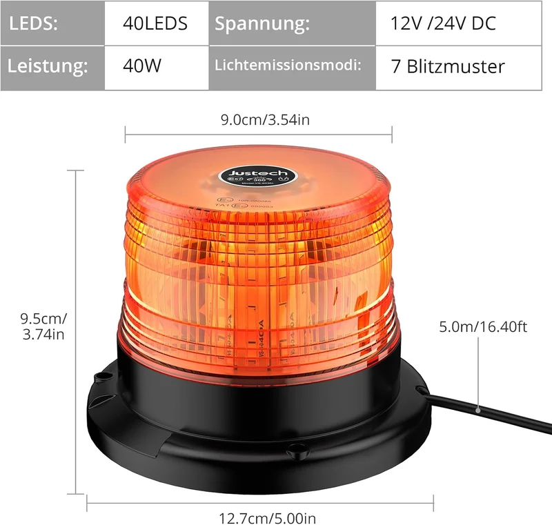 Warnleuchte Rundumleuchte 360° Gelb Blitzleuchte 7 modus mit 5m Netzkabel Doppelter Schraube 12V / 24V Warnlicht mit Magnetfuß Notfallblinklampe Magnet Transparent für Auto LKW usw