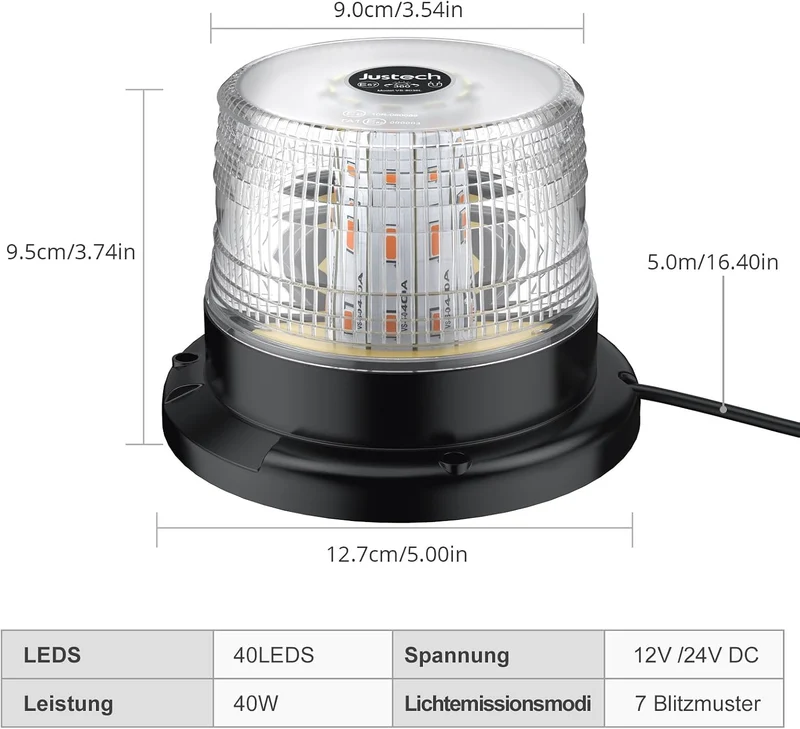 Warnleuchte Rundumleuchte 360° Gelb Blitzleuchte 7 modus mit 5m Netzkabel Doppelter Schraube 12V / 24V Warnlicht mit Magnetfuß Notfallblinklampe Magnet Transparent für Auto LKW usw