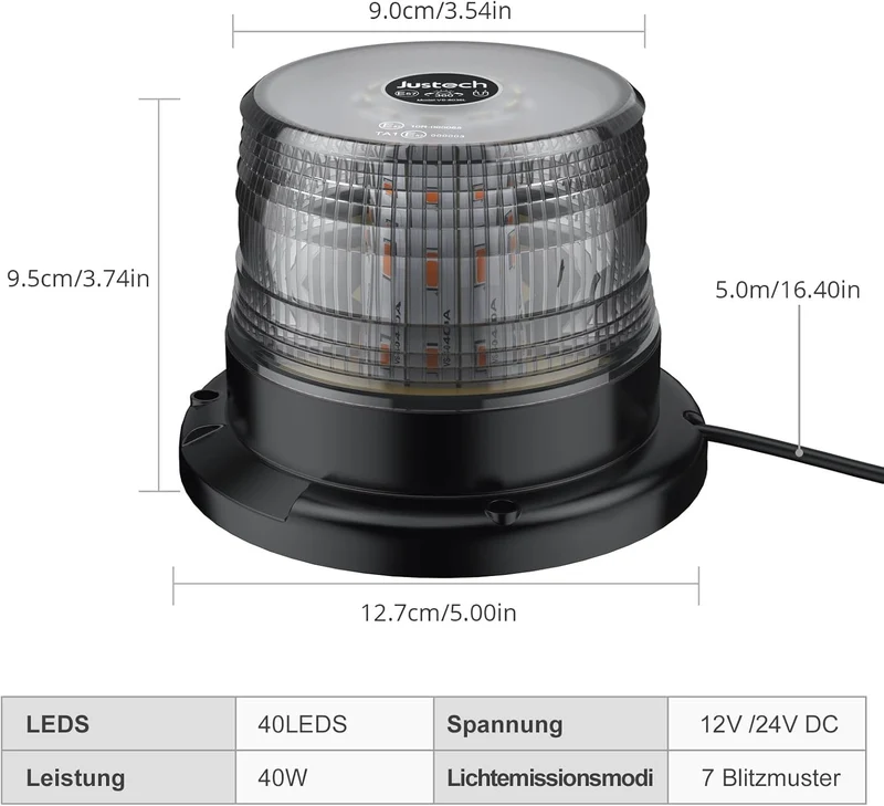 Warnleuchte Rundumleuchte 360° Gelb Blitzleuchte 7 modus mit 5m Netzkabel Doppelter Schraube 12V / 24V Warnlicht mit Magnetfuß Notfallblinklampe Magnet Transparent für Auto LKW usw