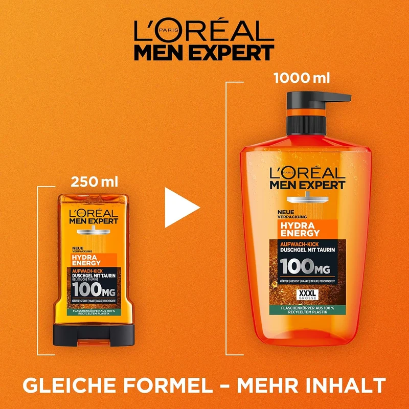 L'Oréal Men Expert 1L Duschgel und Shampoo für Männer, 3-in-1 Duschbad zur Reinigung von Körper, Haar und Gesicht, Herren Körperpflege für langanhaltende Frische mit Taurin, Hydra Energy, 1x1000 ml