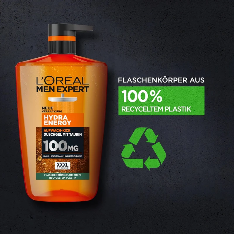 L'Oréal Men Expert 1L Duschgel und Shampoo für Männer, 3-in-1 Duschbad zur Reinigung von Körper, Haar und Gesicht, Herren Körperpflege für langanhaltende Frische mit Taurin, Hydra Energy, 1x1000 ml
