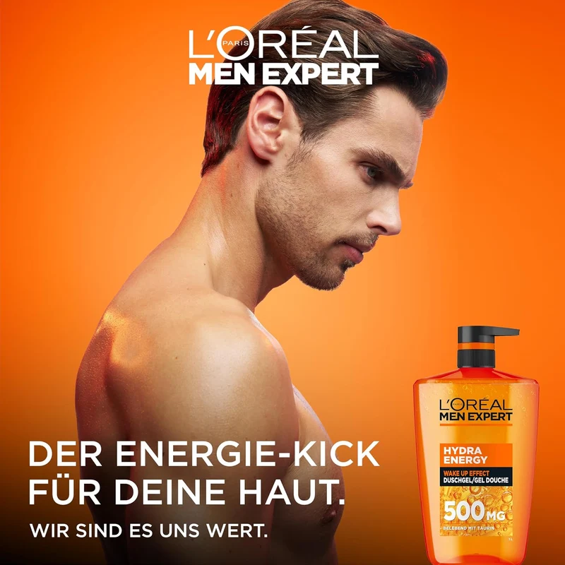 L'Oréal Men Expert 1L Duschgel und Shampoo für Männer, 3-in-1 Duschbad zur Reinigung von Körper, Haar und Gesicht, Herren Körperpflege für langanhaltende Frische mit Taurin, Hydra Energy, 1x1000 ml