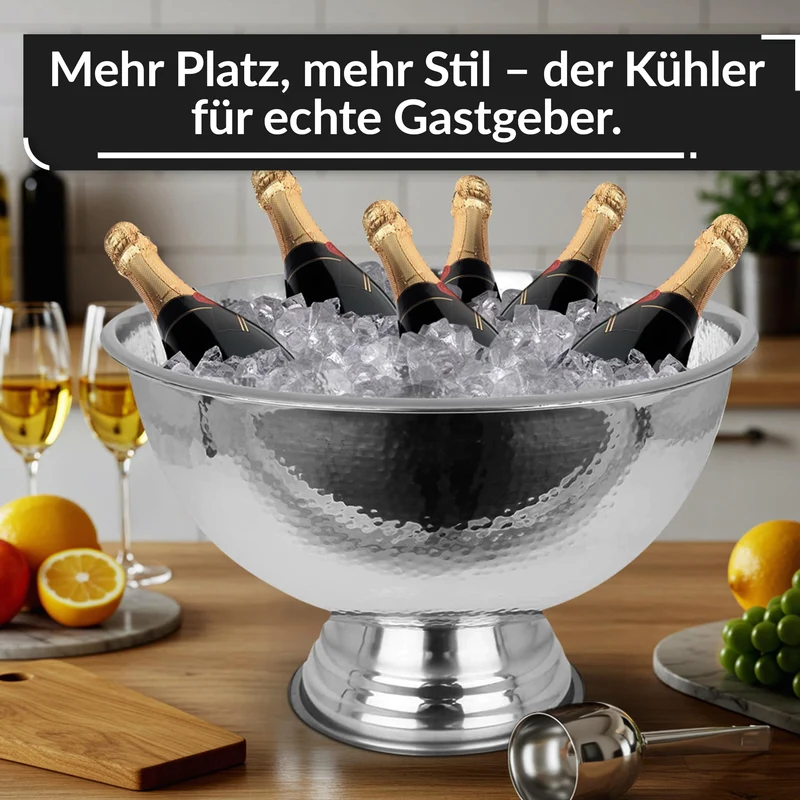 Design Sektkühler aus Edelstahl Ø40 cm Champagnerschale für bis zu 6 Flaschen – Flaschenkühler für den edlen Genuss von Champagner, Sekt, Wein, Spirituosen, Bier (40, Silber poliert)