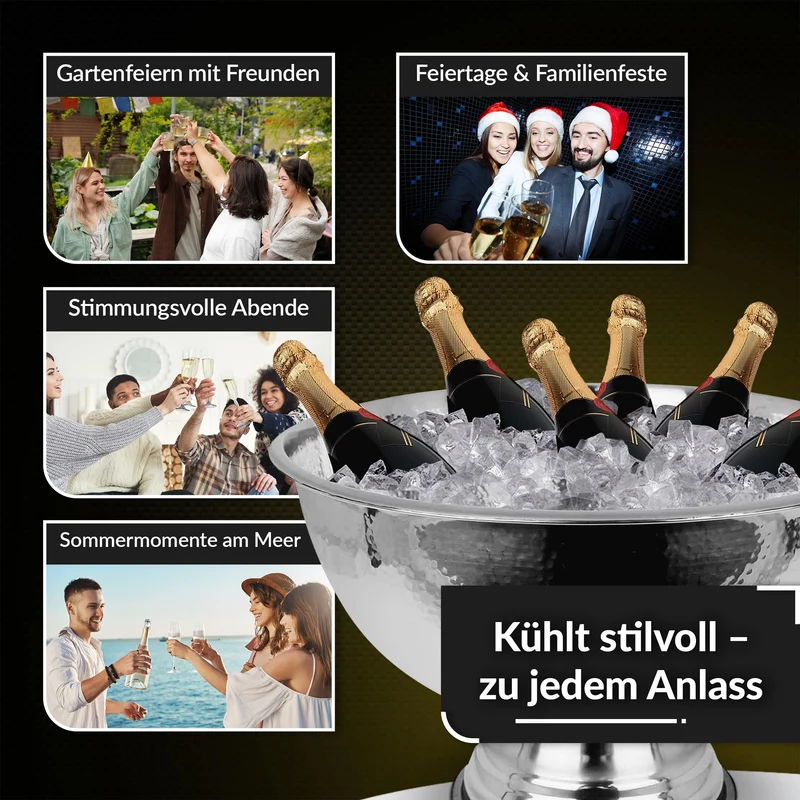 Design Sektkühler aus Edelstahl Ø40 cm Champagnerschale für bis zu 6 Flaschen – Flaschenkühler für den edlen Genuss von Champagner, Sekt, Wein, Spirituosen, Bier (40, Silber poliert)