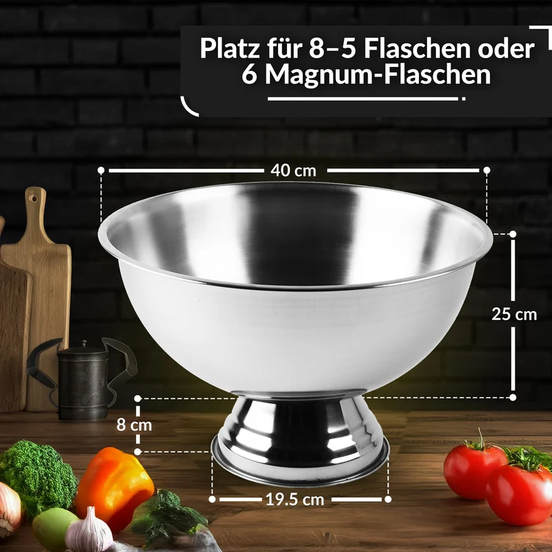 Design Sektkühler aus Edelstahl Ø40 cm Champagnerschale für bis zu 6 Flaschen – Flaschenkühler für den edlen Genuss von Champagner, Sekt, Wein, Spirituosen, Bier (40, Silber poliert)
