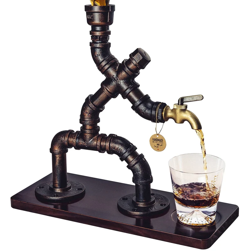 Whiskyspender Silber mit flambiertem Holz – Steampunk Getränkespender aus Metall mit Silikonschlauch – Geschenkidee für Männer & Bar Deko