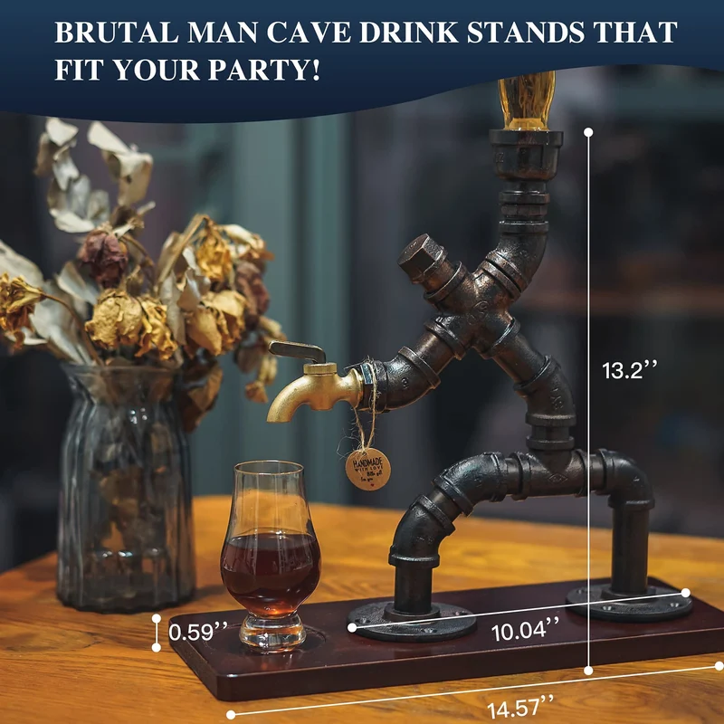 Whiskyspender Silber mit flambiertem Holz – Steampunk Getränkespender aus Metall mit Silikonschlauch – Geschenkidee für Männer & Bar Deko