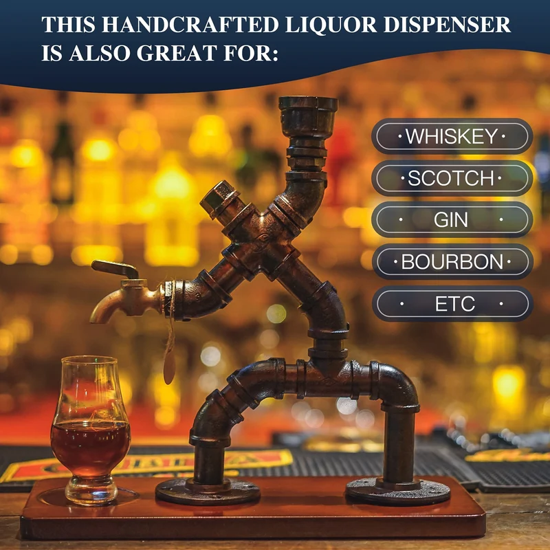 Whiskyspender Silber mit flambiertem Holz – Steampunk Getränkespender aus Metall mit Silikonschlauch – Geschenkidee für Männer & Bar Deko