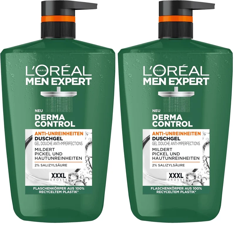 L'Oréal Men Expert XXXL Duschgel und Shampoo für Männer, Duschbad zur Reinigung von Körper, Haar und Gesicht, Herren Körperpflege für zu Unreinheiten neigende Haut, Derma Control, 1 x 1000 ml