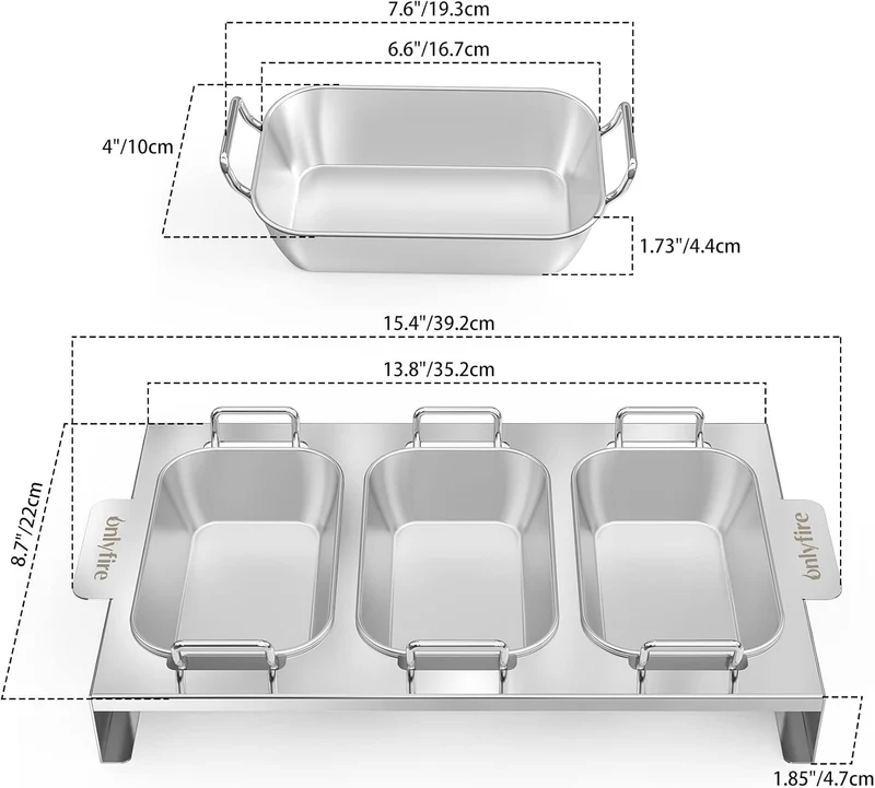 3er Set Edelstahl Grillpfännchen mit Griff & Ständer für Gasgrill | BBQ Grillschalen für Gemüse, Fleisch, Schrimps, Käse und Brot, Trennung von Speisen
