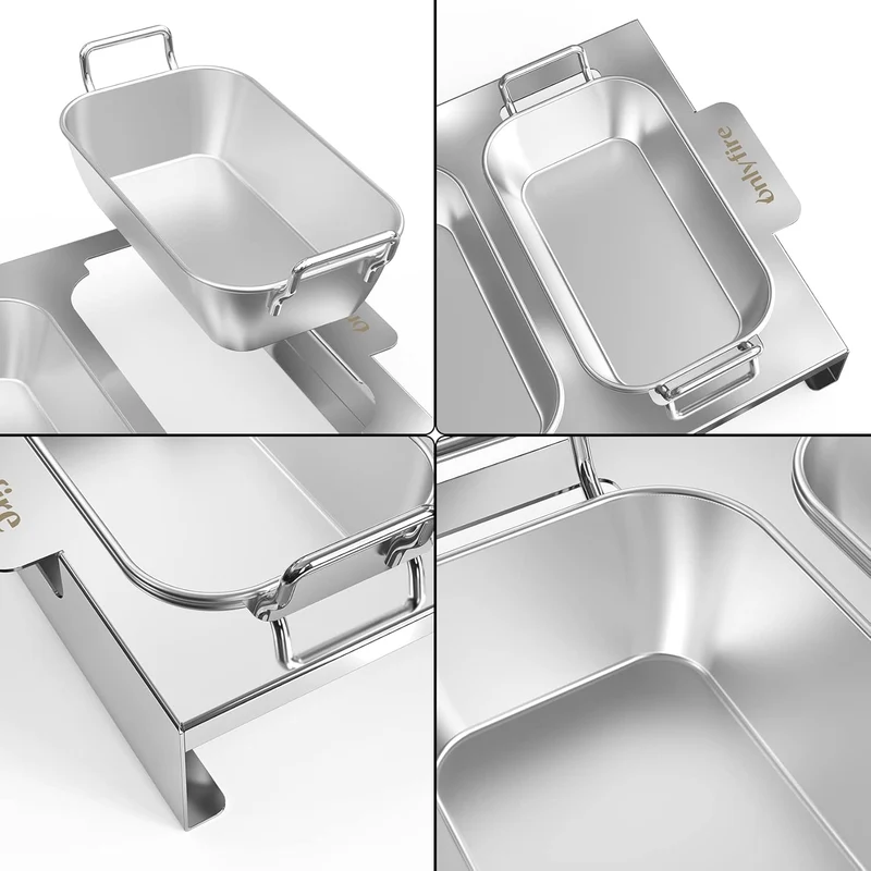 3er Set Edelstahl Grillpfännchen mit Griff & Ständer für Gasgrill | BBQ Grillschalen für Gemüse, Fleisch, Schrimps, Käse und Brot, Trennung von Speisen