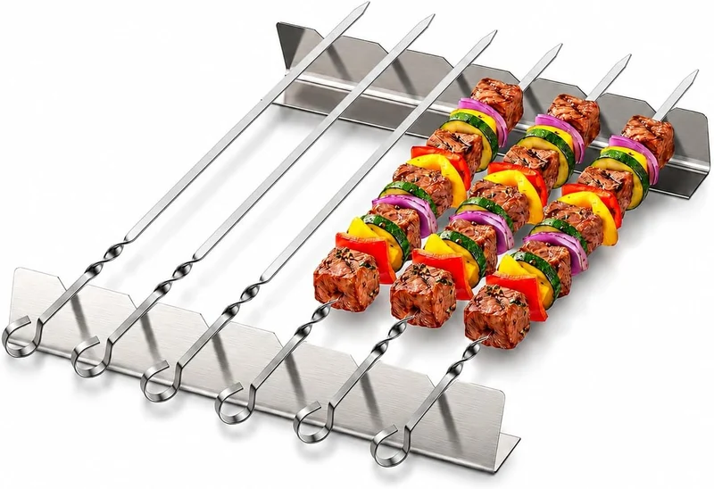Schaschlikspieße Set, 6 Stück 40,5 cm Edelstahl Grillspieße mit 2 × 30 cm Spießhalter, Flache BBQ Spieße für Schaschlik, Fleisch und Gemüse, Wiederverwendbare Grillspieße, Grillzubehör
