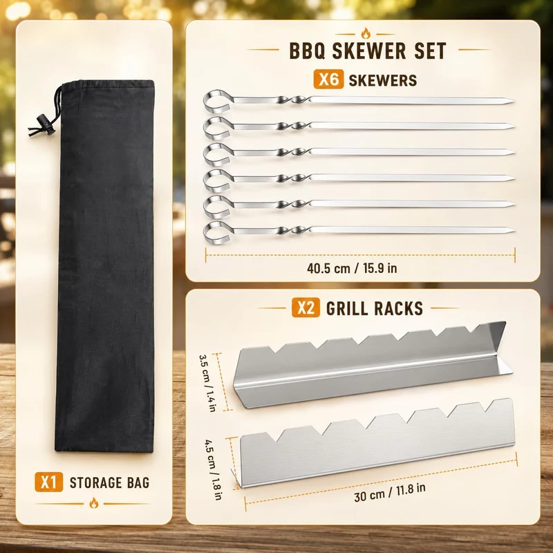 Schaschlikspieße Set, 6 Stück 40,5 cm Edelstahl Grillspieße mit 2 × 30 cm Spießhalter, Flache BBQ Spieße für Schaschlik, Fleisch und Gemüse, Wiederverwendbare Grillspieße, Grillzubehör