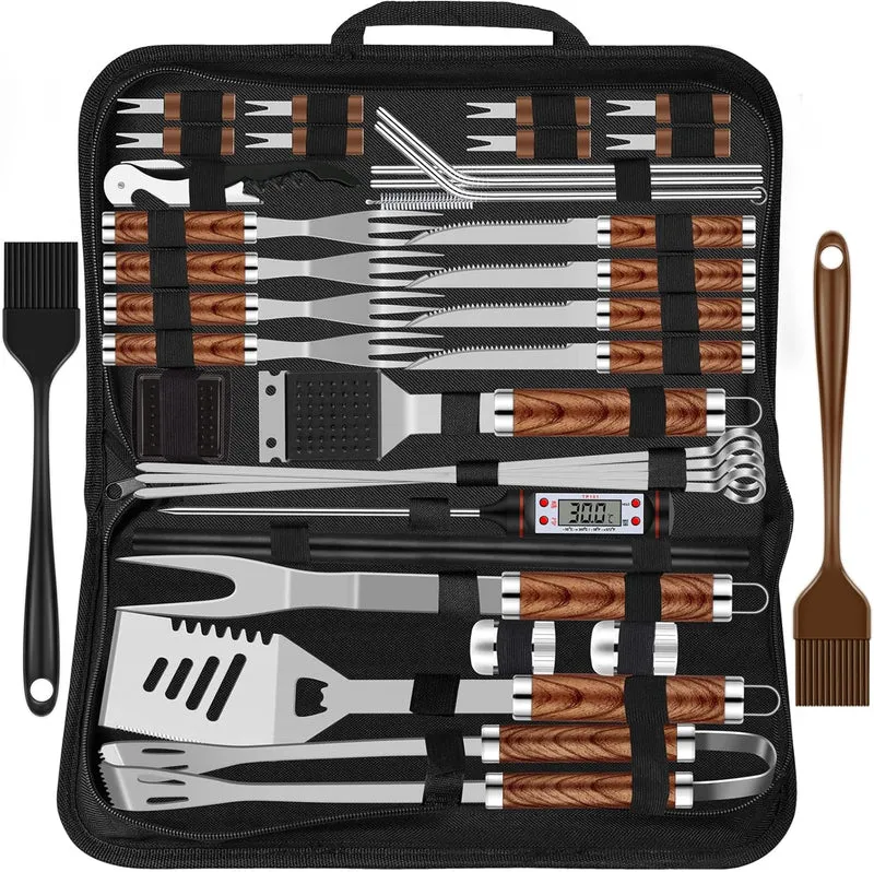 38 Stücke BBQ Grillbesteck Set Edelstahl Grillzubehör für Männer Geschenk Geburtstag Hochwertiger Grillutensilien Set Koffer mit Grillkoffer und Grillmatte für Garten und Camping Braun
