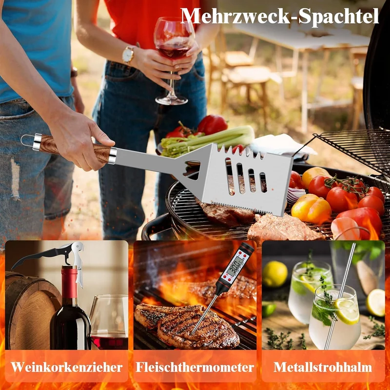 38 Stücke BBQ Grillbesteck Set Edelstahl Grillzubehör für Männer Geschenk Geburtstag Hochwertiger Grillutensilien Set Koffer mit Grillkoffer und Grillmatte für Garten und Camping Braun