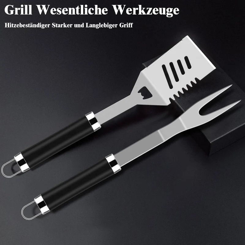 38 Stücke BBQ Grillbesteck Set Edelstahl Grillzubehör für Männer Geschenk Geburtstag Hochwertiger Grillutensilien Set Koffer mit Grillkoffer und Grillmatte für Garten und Camping Braun