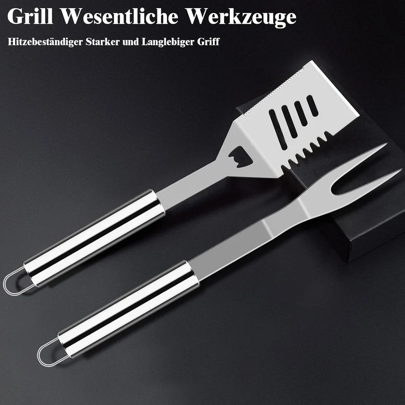 38 Stücke BBQ Grillbesteck Set Edelstahl Grillzubehör für Männer Geschenk Geburtstag Hochwertiger Grillutensilien Set Koffer mit Grillkoffer und Grillmatte für Garten und Camping Braun