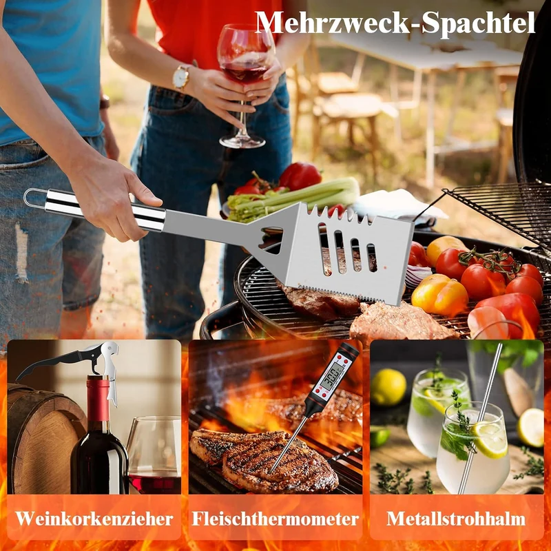 38 Stücke BBQ Grillbesteck Set Edelstahl Grillzubehör für Männer Geschenk Geburtstag Hochwertiger Grillutensilien Set Koffer mit Grillkoffer und Grillmatte für Garten und Camping Braun