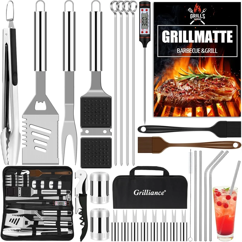 BBQ Grillbesteck Set 30 Grillzubehör aus Hochwertiger Edelstahl Grillzange Grillspachtel Korkenzieher Grillset mit Grillkoffer und Grillmatte für Männer Geschenk für Garten Camping Braun