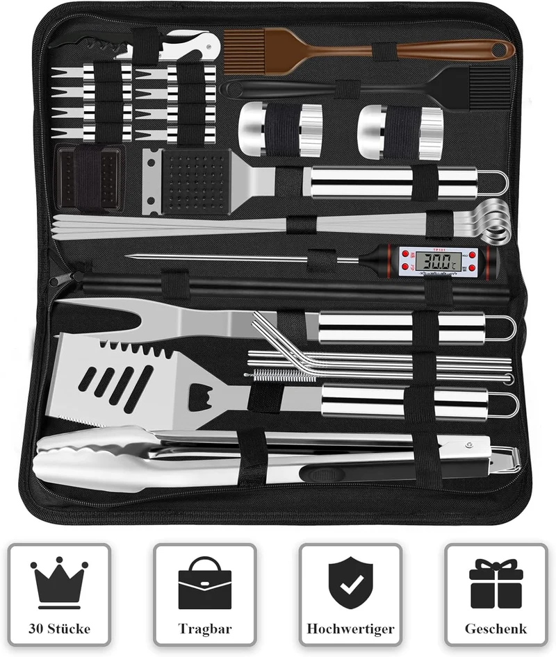 BBQ Grillbesteck Set 30 Grillzubehör aus Hochwertiger Edelstahl Grillzange Grillspachtel Korkenzieher Grillset mit Grillkoffer und Grillmatte für Männer Geschenk für Garten Camping Braun