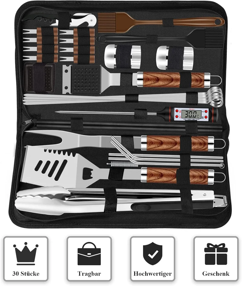 BBQ Grillbesteck Set 30 Grillzubehör aus Hochwertiger Edelstahl Grillzange Grillspachtel Korkenzieher Grillset mit Grillkoffer und Grillmatte für Männer Geschenk für Garten Camping Braun