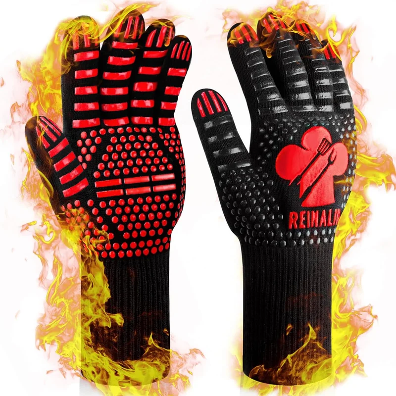 Grillhandschuhe Hitzebeständig bis 800°C, Ofenhandschuhe Topfhandschuhe Feuerfeste Handschuhe BBQ Handschuhe Kochhandschuhe Backhandschuhe Backofenhandschuhe