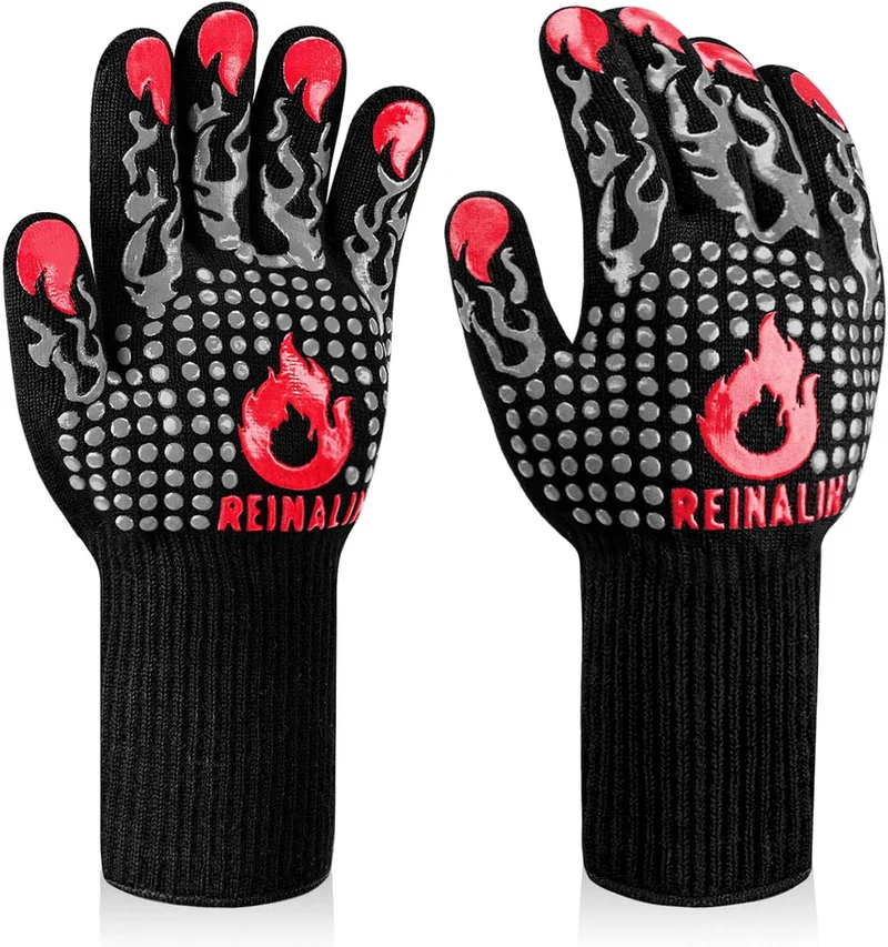 Grillhandschuhe Hitzebeständig bis 800°C, Ofenhandschuhe Topfhandschuhe Feuerfeste Handschuhe BBQ Handschuhe Kochhandschuhe Backhandschuhe Backofenhandschuhe