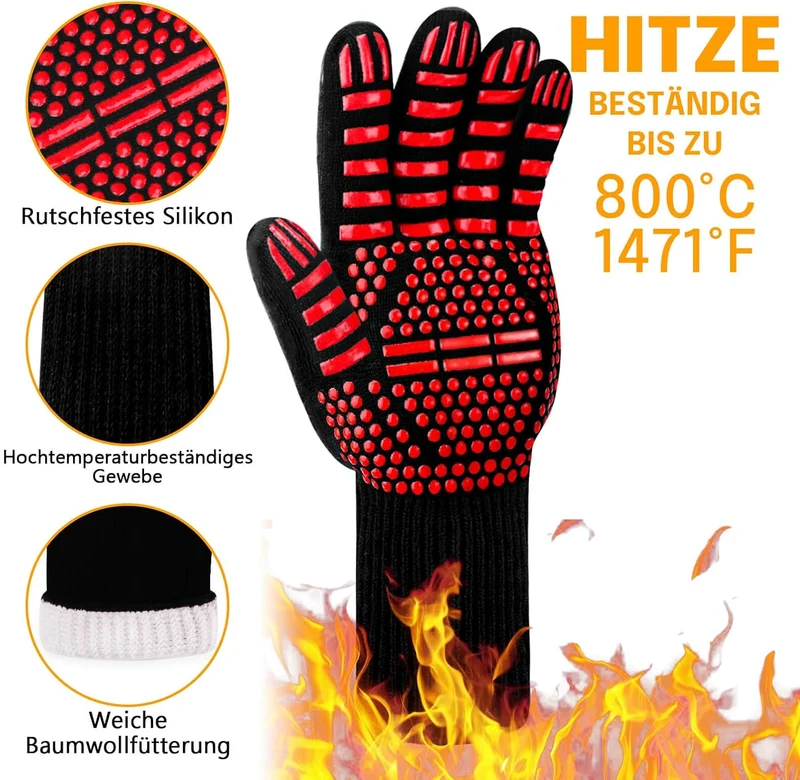 Grillhandschuhe Hitzebeständig bis 800°C, Ofenhandschuhe Topfhandschuhe Feuerfeste Handschuhe BBQ Handschuhe Kochhandschuhe Backhandschuhe Backofenhandschuhe