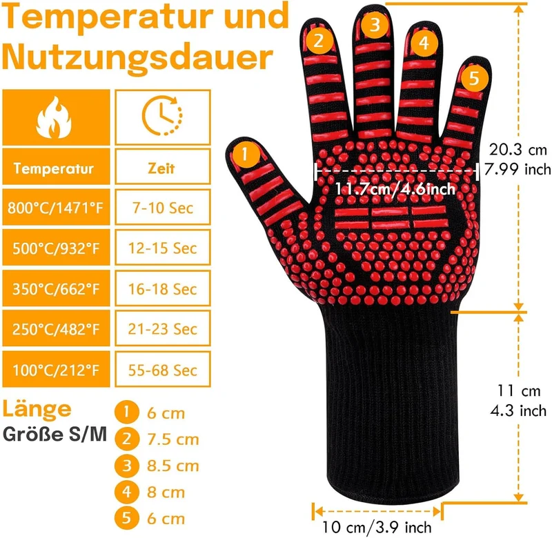 Grillhandschuhe Hitzebeständig bis 800°C, Ofenhandschuhe Topfhandschuhe Feuerfeste Handschuhe BBQ Handschuhe Kochhandschuhe Backhandschuhe Backofenhandschuhe