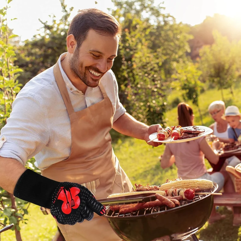 Grillhandschuhe Hitzebeständig bis 800°C, Ofenhandschuhe Topfhandschuhe Feuerfeste Handschuhe BBQ Handschuhe Kochhandschuhe Backhandschuhe Backofenhandschuhe