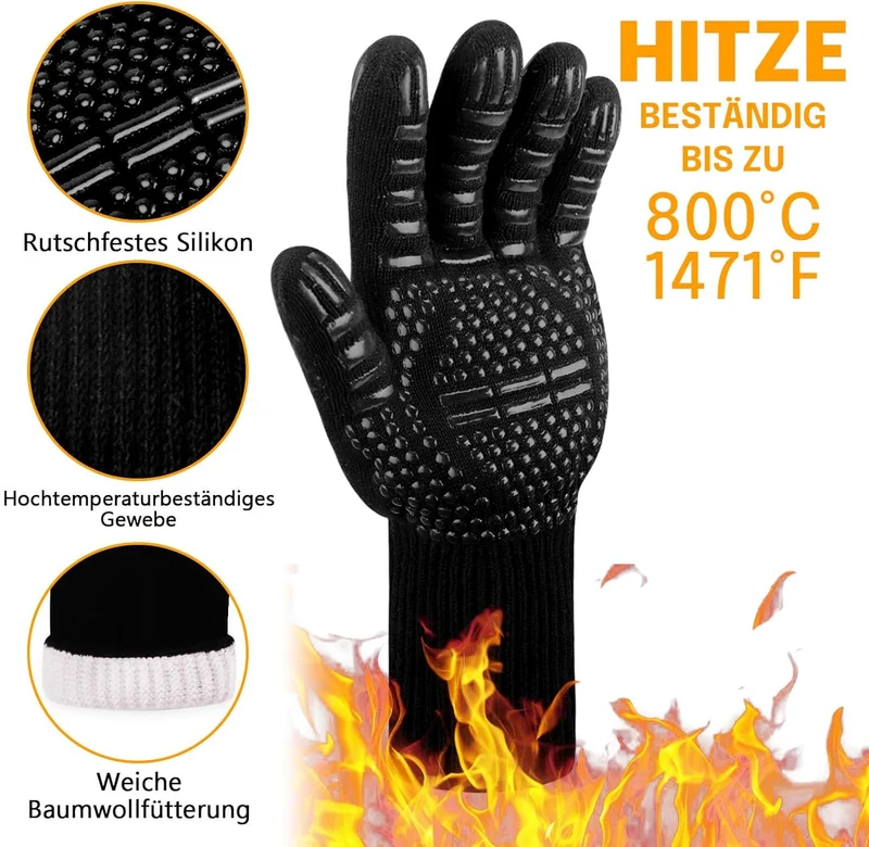 Grillhandschuhe Hitzebeständig bis 800°C, Ofenhandschuhe Topfhandschuhe Feuerfeste Handschuhe BBQ Handschuhe Kochhandschuhe Backhandschuhe Backofenhandschuhe