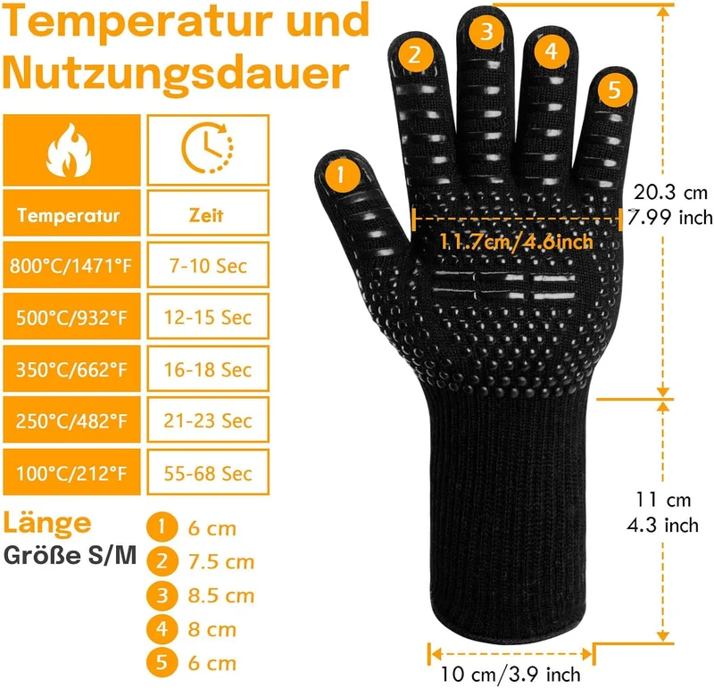 Grillhandschuhe Hitzebeständig bis 800°C, Ofenhandschuhe Topfhandschuhe Feuerfeste Handschuhe BBQ Handschuhe Kochhandschuhe Backhandschuhe Backofenhandschuhe