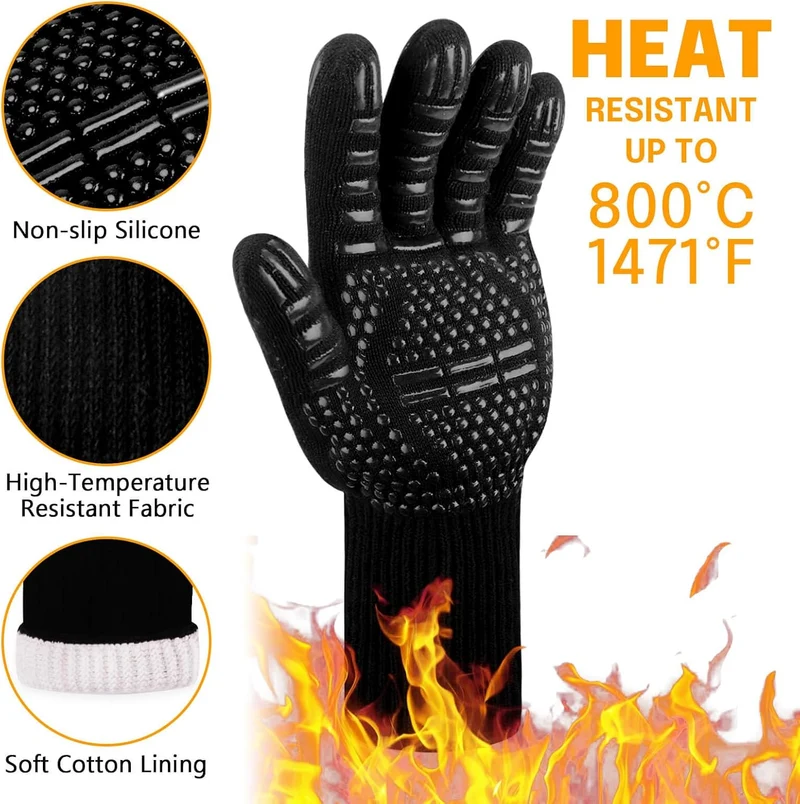 Grillhandschuhe Hitzebeständig bis 800°C, Ofenhandschuhe Topfhandschuhe Feuerfeste Handschuhe BBQ Handschuhe Kochhandschuhe Backhandschuhe Backofenhandschuhe