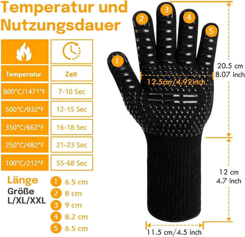 Grillhandschuhe Hitzebeständig bis 800°C, Ofenhandschuhe Topfhandschuhe Feuerfeste Handschuhe BBQ Handschuhe Kochhandschuhe Backhandschuhe Backofenhandschuhe