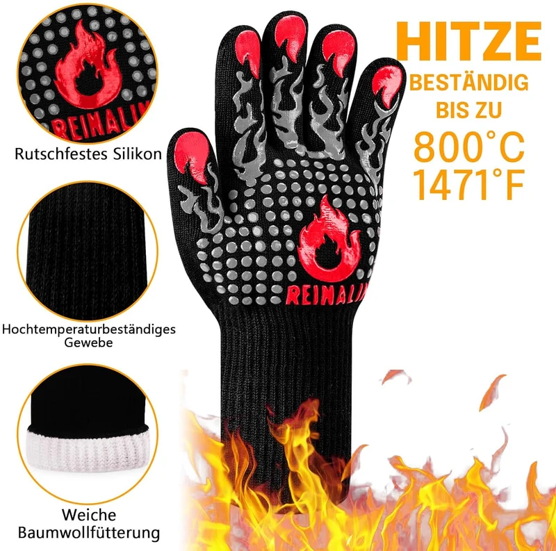 Grillhandschuhe Hitzebeständig bis 800°C, Ofenhandschuhe Topfhandschuhe Feuerfeste Handschuhe BBQ Handschuhe Kochhandschuhe Backhandschuhe Backofenhandschuhe