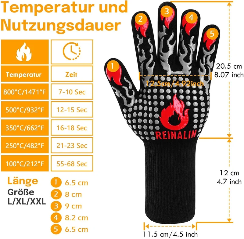 Grillhandschuhe Hitzebeständig bis 800°C, Ofenhandschuhe Topfhandschuhe Feuerfeste Handschuhe BBQ Handschuhe Kochhandschuhe Backhandschuhe Backofenhandschuhe
