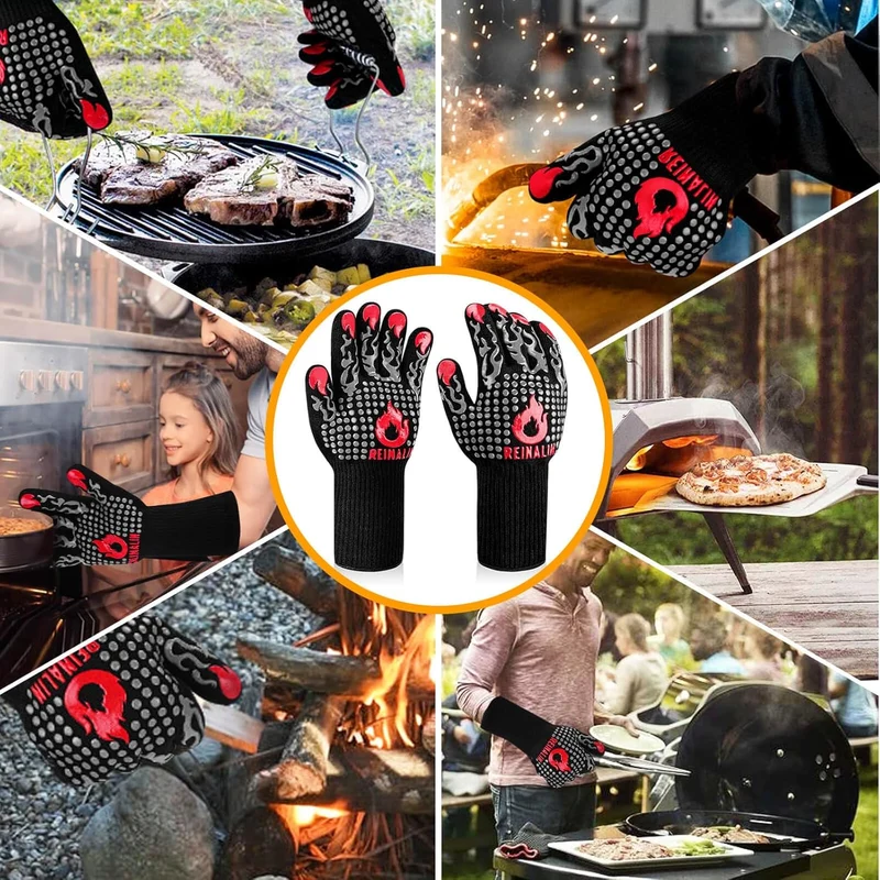 Grillhandschuhe Hitzebeständig bis 800°C, Ofenhandschuhe Topfhandschuhe Feuerfeste Handschuhe BBQ Handschuhe Kochhandschuhe Backhandschuhe Backofenhandschuhe