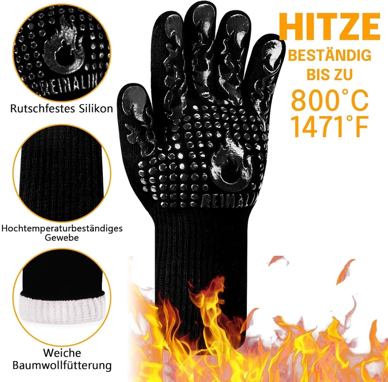 Grillhandschuhe Hitzebeständig bis 800°C, Ofenhandschuhe Topfhandschuhe Feuerfeste Handschuhe BBQ Handschuhe Kochhandschuhe Backhandschuhe Backofenhandschuhe