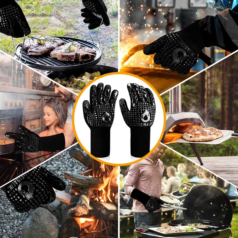 Grillhandschuhe Hitzebeständig bis 800°C, Ofenhandschuhe Topfhandschuhe Feuerfeste Handschuhe BBQ Handschuhe Kochhandschuhe Backhandschuhe Backofenhandschuhe