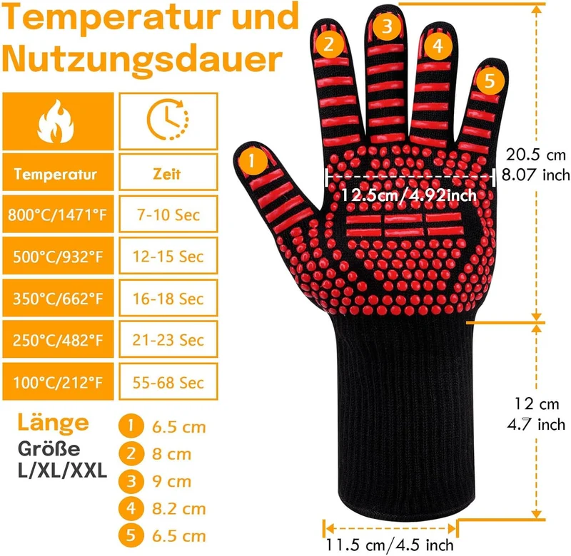 Grillhandschuhe Hitzebeständig bis 800°C, Ofenhandschuhe Topfhandschuhe Feuerfeste Handschuhe BBQ Handschuhe Kochhandschuhe Backhandschuhe Backofenhandschuhe