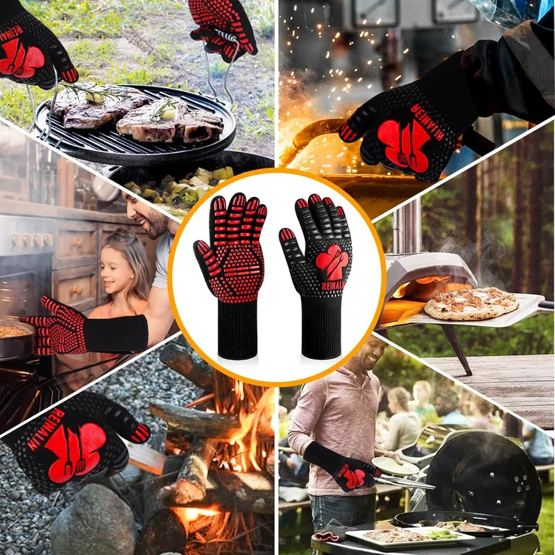 Grillhandschuhe Hitzebeständig bis 800°C, Ofenhandschuhe Topfhandschuhe Feuerfeste Handschuhe BBQ Handschuhe Kochhandschuhe Backhandschuhe Backofenhandschuhe