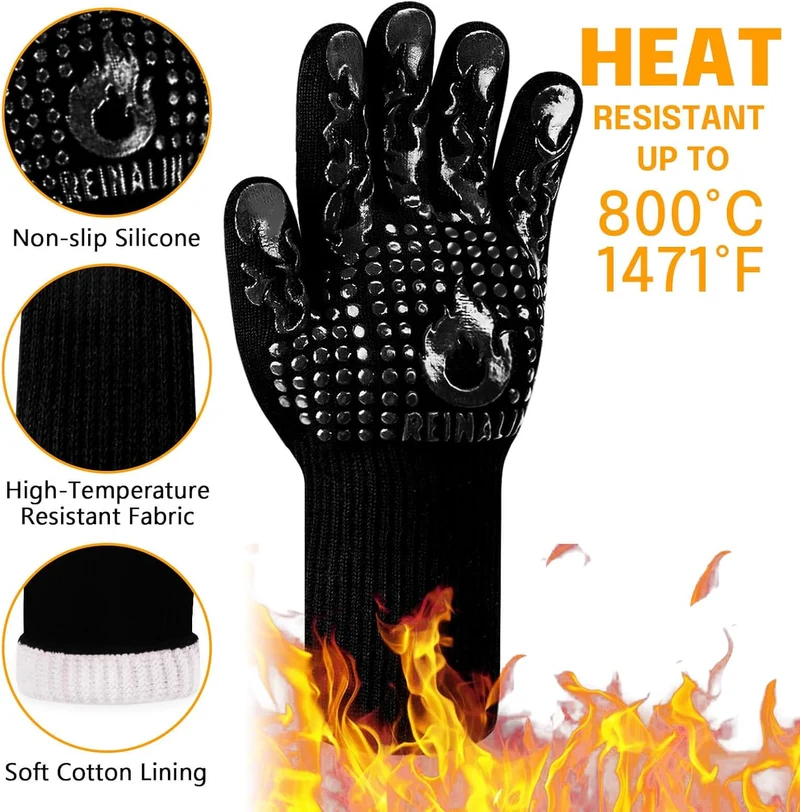 Grillhandschuhe Hitzebeständig bis 800°C, Ofenhandschuhe Topfhandschuhe Feuerfeste Handschuhe BBQ Handschuhe Kochhandschuhe Backhandschuhe Backofenhandschuhe