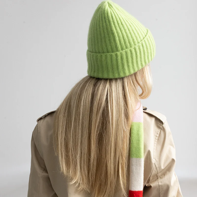 Pear Green Rib Knit Organic Cashmere Beanie Hat