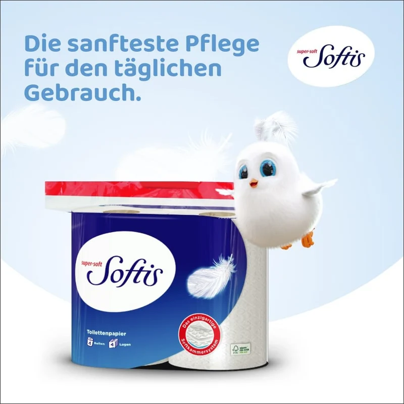 Toilettenpapier - 100 Blätter pro Rolle, einzigartiges Softchamber-System, recycelbare Verpackung, FSC-zertifiziertes Papier