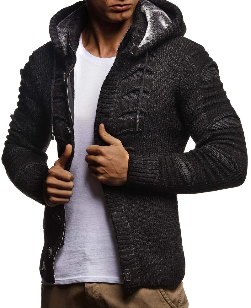 Herren Cardigan mit Hood und Zip, gestrickte Sweat Jacket für Winter und Sommer