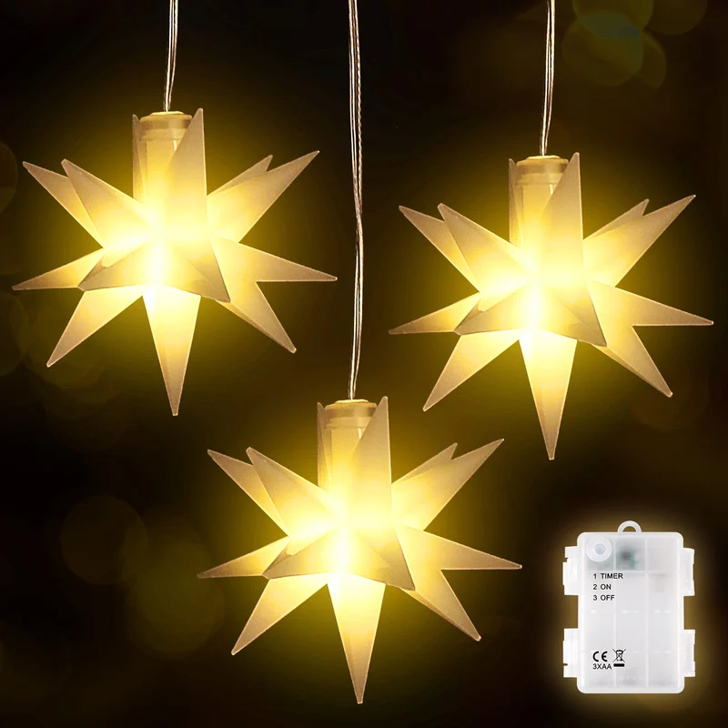 Set von 6 LED Weihnachtsstern beleuchtet Outdoor Indoor LED Star Batterie Weihnachtsdekoration 3D Leuchtender Stern Weihnachtsfenster Weiß