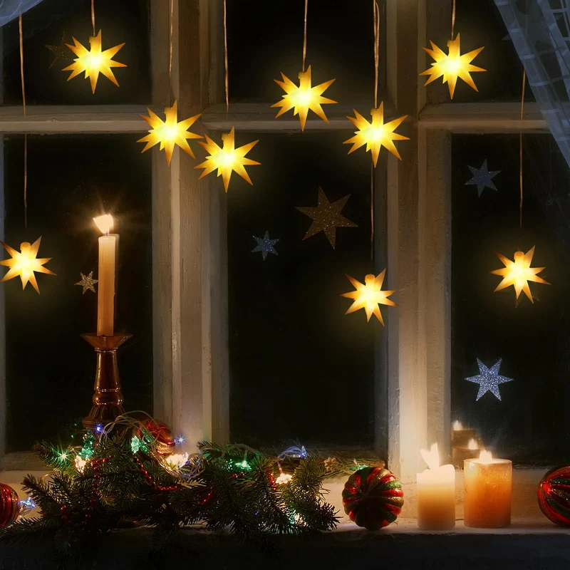 Set von 6 LED Weihnachtsstern beleuchtet Outdoor Indoor LED Star Batterie Weihnachtsdekoration 3D Leuchtender Stern Weihnachtsfenster Weiß