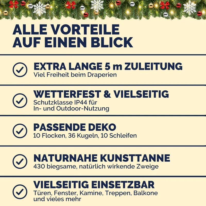 Weihnachtsgirlande mit Beleuchtungsdekoration, 80 LEDs Beleuchtetes Innen- und Außengrün Weihnachtsdekoration, Weihnachtsgirlande, Tannengirlande - Warmes Weiß