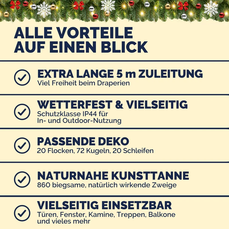 Weihnachtsgirlande mit Beleuchtungsdekoration, 80 LEDs Beleuchtetes Innen- und Außengrün Weihnachtsdekoration, Weihnachtsgirlande, Tannengirlande - Warmes Weiß